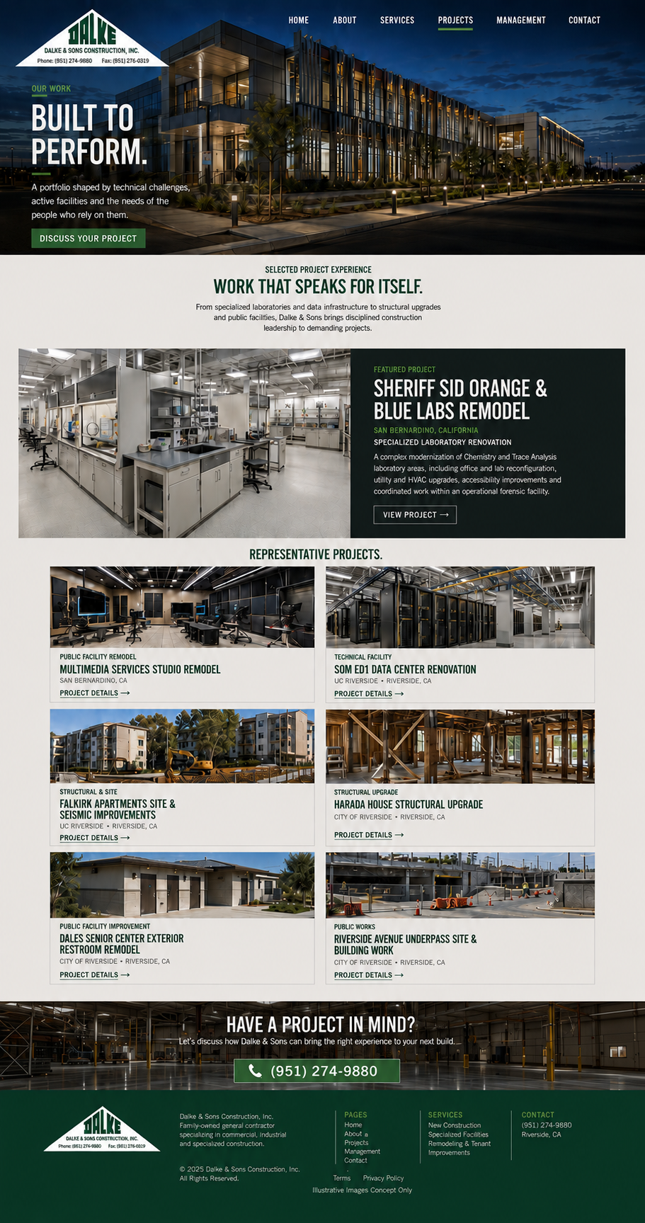 Illustrative commercial-building visualization at dusk; not a Dalke & Sons project